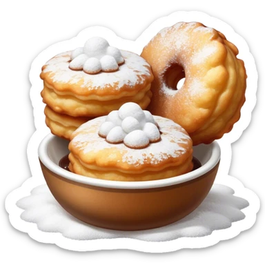 Buñuelo Cinematic Realistic Buñuelo Dessert Emoji, depicted as perfectly round, fluffy fritters served in a small bowl with a dusting of powdered sugar, rendered with vibrant textures and warm, inviting lighting. sticker