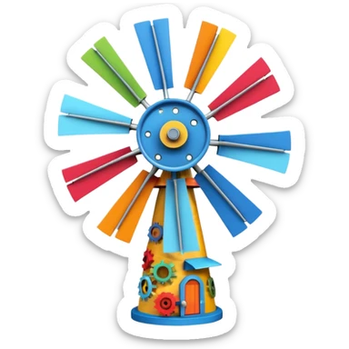 whimsical and creative windmill constructed from assorted junk and scrap materials, visible gears and mismatched parts sticker