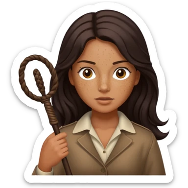 Tan skin with freckles, long dark hair, hazel eyes Dominatrix with whip sticker