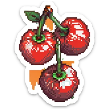 Pixel art of two shiny red cherries with green stem sticker