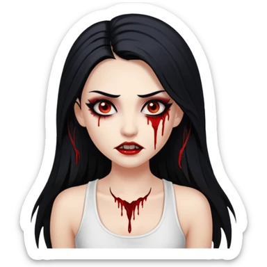 White woman with a white tank top long black hair glossy middle part long hair vamp look with fangs or blood dripping brown eyes eyeliner winged with lashes top and bottom sticker