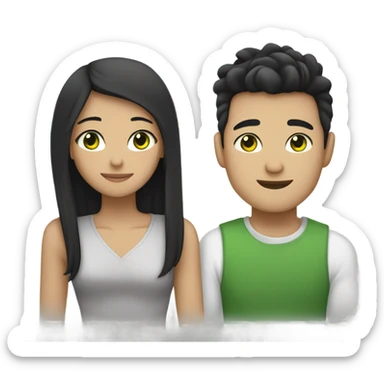 Light skin Asian male with straight black undercut hair and a white brunette female with green eyes and long wavy hair tightly hugging each other  sticker