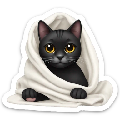 Black tiger cat with white dot on mouth, white neck, with a cozy blanket sticker