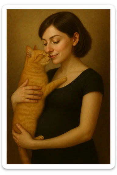Make the girl's hair a little bit longer and put her in a black tight dress, keep her pregnant, with green eyes and a blonde cat. Maintain the original style and details of the image. sticker