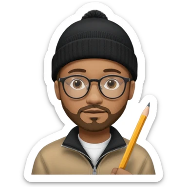A creative young man with a pencil, glasses and a beanie. He holds a pen in his hand. He has a slight moustache and bit of a beard. He's a lightskin black man. He wears a black quarterzip jumper sticker
