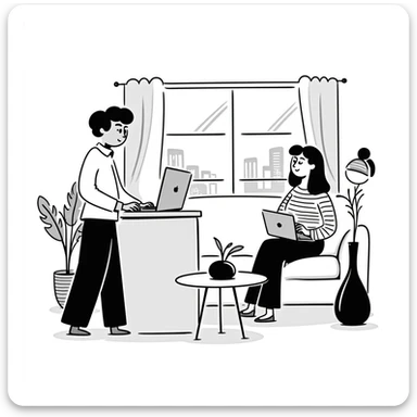 escenary 3d of a cozy mid-century living room with two people working on laptops, one man standing at a desk and one woman sitting on a couch sticker