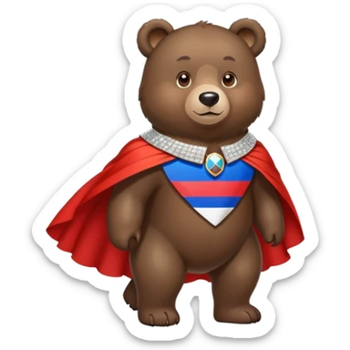 Medium-dark brown bear on all four legs with a sparkling diamond collar or necklace around its neck, Russian flag cape on its back sticker