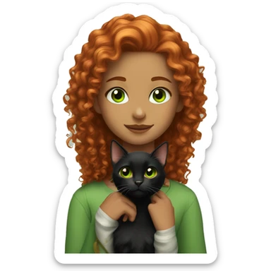 girl with copper curly hair and black cat with green eyes sticker