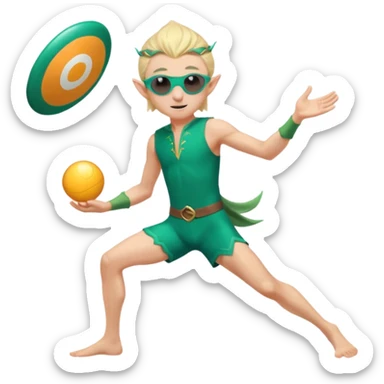 elf male legolas launching a frisbee woven from pure sunlight, wearing sporty teal swim shorts and performance sunglasses, pointy ears, centered emoji sticker