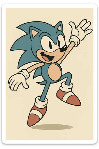 Sonic the Hedgehog, blue cartoon hedgehog with red shoes, energetic pose, classic video game character sticker