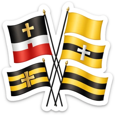 Flags: There are four flags, two on the top and two on the bottom, in the black and gold (yellow) quarters. Each flag features a gold cross symbol, likely a Coptic cross, on a black and yellow background with horizontal stripes.
 sticker
