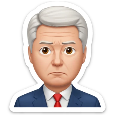 Sad emoji of Sergey Sobyanin, mayor of Moscow, looking upset and disappointed, cartoon style, expressive face, simple emoji design sticker