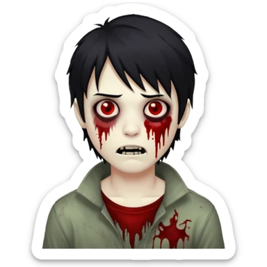 Boy, zombie, black hair, medium long, emo, shaggy, dark, spooky, creepy expression emoji And red eyes and blood on teeth sticker