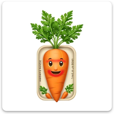 cute emoji-style carrot seed pack, small rectangular seed package with vibrant orange carrot illustration on the front, green carrot leaves sticking out slightly, friendly and cartoonish design, clean white background, minimalistic emoji style, outlined with smooth edges and soft shadows sticker