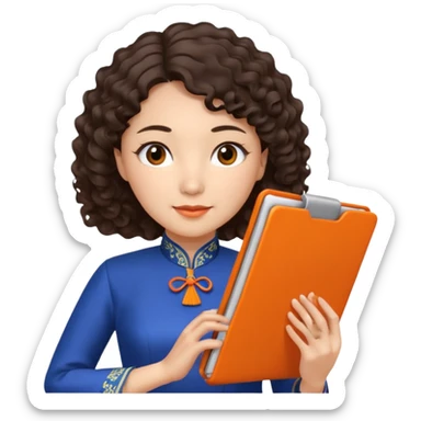Teacher emoji but : curly/wavy dark brown hair, light skin, no glasses, dark eyes, with a computer folder in the hand (color is orange), being a teacher, wearing a chinese qipao ( dark blue)

 sticker