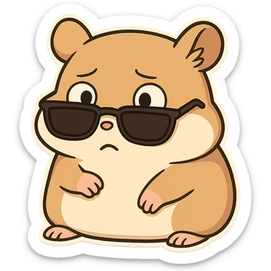 A hamster wearing sunglasses, the sunglasses have slipped down to the bottom of the eyes, the hamster has a dull look, is frightened, and looks incredulous sticker
