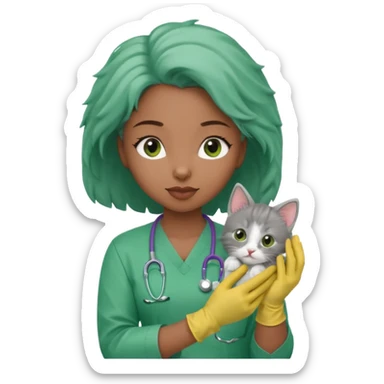 Young black female vet – scrubs, gloves, examining kitten. sticker