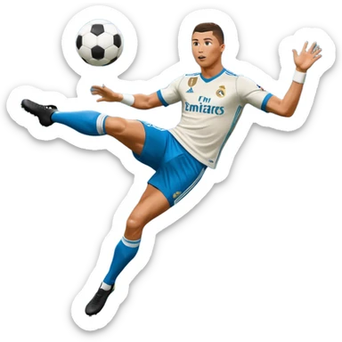 Ronaldo doing a bicycle kick with football in mid air While wearing a Retro blue Real madrid kit and yes i want it to be exactly the same as he Scored it in 2018 vs Juventus and please make it Realistic  sticker