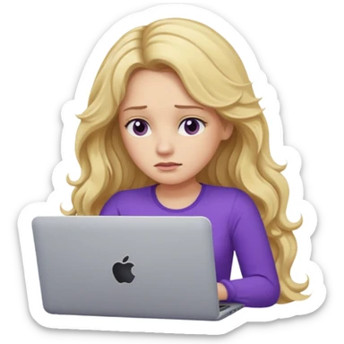 lady with long blonde wavy hair, purple top throwing her with a laptop looking tired sticker