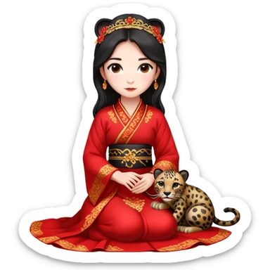 A beautiful girl in red Hanfu wedding dress sits on the ground holding a black leopard sticker