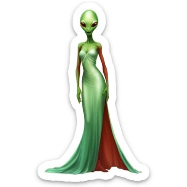 reptilian green alien woman, in long slim pastel orange formal party satin dress with gradient shiny sparkling dark red, full figure, full body sticker