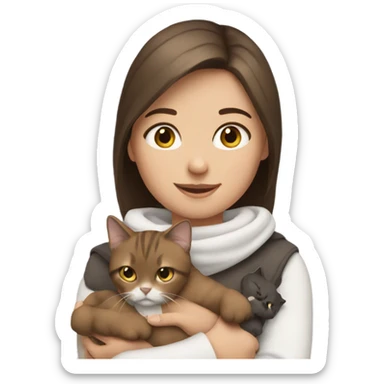 Girl with brown hair, holding 2 cats. One cat is brown & white. The other cat is grey & white.  sticker