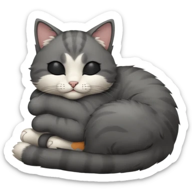 dark grey and white small cat with closed eyes, leaning his head on his paw while leaning on his elbow lying down sticker