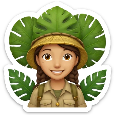 a young female explorer with jungle wearing a large leaf headgear bye and magnificer  sticker