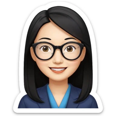 50 yr old asian woman, long straight black hair, side part, big glasses sticker