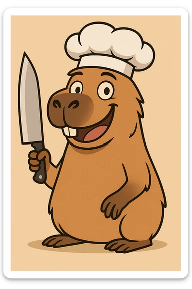 Add a chef hat to the cartoon capybara with a chef's knife, keeping it smiling and friendly. sticker