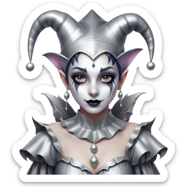Cinematic girl in the style of a Jester, Ultra realistic 32k HD, Breathtaking piece of art, rim lighting, hauntingly beautiful art, mostly greyscale, Balanced features, highly detailed digital artwork, glowing with silver light, glowing, high shine, deviant adoptable, highly detailed clothing, remembrance, a painting of white silver, fanciful, enchanting, ghostly, embodying the essence of both reality and fantasy, dreamy, dreamy glow, optical illusion, immaculate composition, complex pose, air composition. The image is so lifelike that it feels as though it could leap off the canvas at any moment sticker