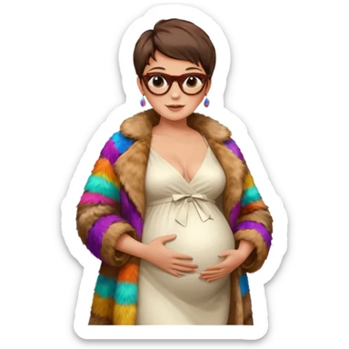 pregnant stylish woman with short pixie brunette hair happily touching her big belly while wearing white dress and fancy brown fur coat and colorful shades sticker
