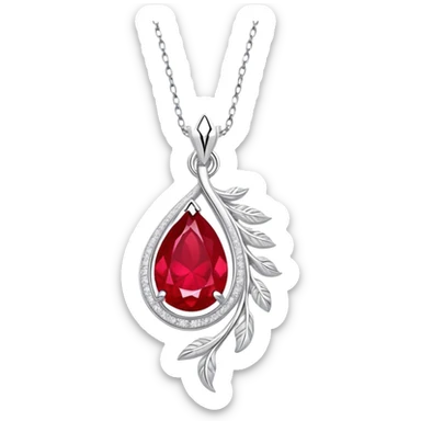 teardrop ruby pendant with fiery light, tiny phoenix feather, shimmering white stones, silver chain, ethereal and powerful rebirth theme sticker