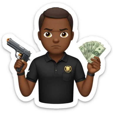 franklin saint from snowfall perhaps holding money and gun but he is mad and with a black polo shirt sticker