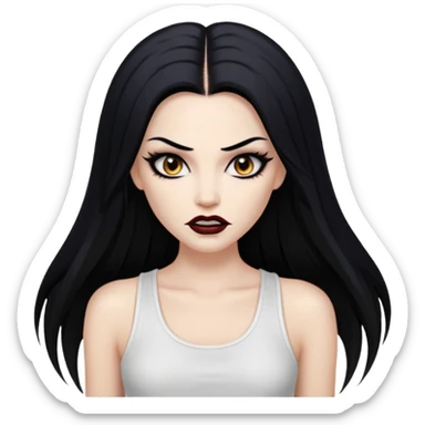 White woman with a white tank top long black hair glossy middle part straight long hair vamp look with fangs brown eyes eyeliner winged with lashes top and bottom white border big lips black eyebrows sticker