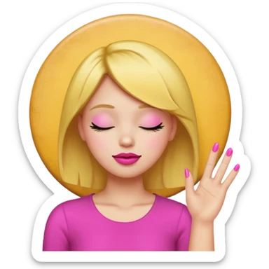 Yellow circle emoji sighing and drumming fingers up the side of their head the eye is closed it is a side profile pink lipstick and pink nails sticker