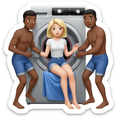 Eine Frau steckt bis zum Bauch in einer Waschmaschine fest und nur die Beine gucken raus und zwei schwarze männer ziehen an ihren Beinen um sie raus zu holen  sticker