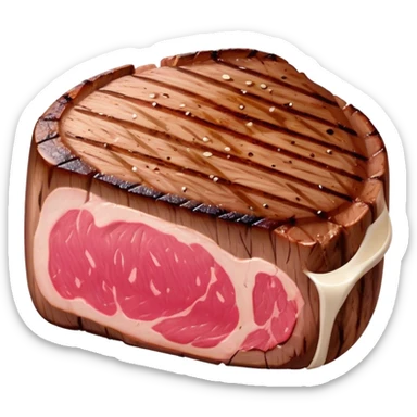Cinematic thick-cut steak, perfectly seared with grill marks, a juicy pink center, rich and savory, warm glow, sizzling and mouthwatering, highly detailed and appetizing. sticker