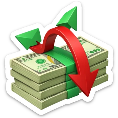 stack of banknotes with a red arrow pointing down sticker