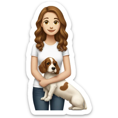 White Girl with brown hair holding yellow cocker spaniel mix sticker