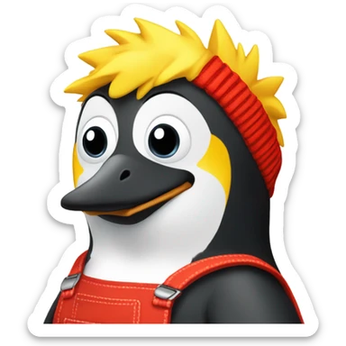 Penguin with a yellow Mohawk and red dungarees sticker