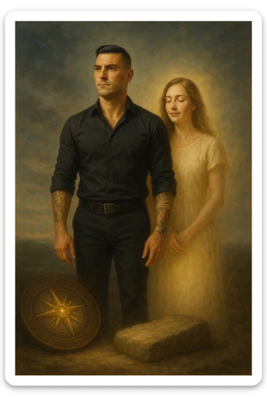 Uomo tra i 35 e i 45 anni in piedi accanto alla sua compagna, in uno spazio calmo e simbolico. Lui guarda avanti con sguardo deciso, postura ferma, braccia rilassate ma solide, mentre la donna al suo fianco si sente protetta e leggera, con un’espressione serena. Intorno all’uomo, simboli di direzione e stabilità (bussola, luce calda, pietra solida sotto i piedi). La donna ha una luce morbida attorno, come se fosse alleggerita dalla presenza maschile. Ambientazione naturale o metaforica. Stile realistico, con tocchi simbolici. Tono calmo, profondo, ispirazionale sticker