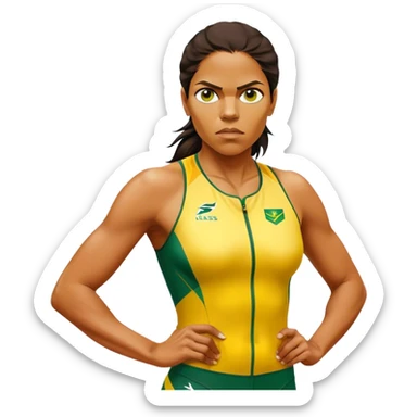 Cinematic Realistic portrait of Cathy Freeman, shown as an iconic Australian sprinter with a focused, determined expression and modern athletic yellow and green attire accented with subtle native motifs, rendered in dynamic, vibrant lighting sticker