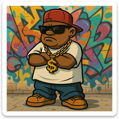 gangsta character, cartoon style, sunglasses, baggy clothes, graffiti background sticker