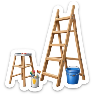 Wall painting icon. An unfinished painting painted on a white wall with no frame, visible paintbrushes, rollers, and a bucket of paint, wooden ladder beside, minimalistic style, clean lines, transparent background. sticker