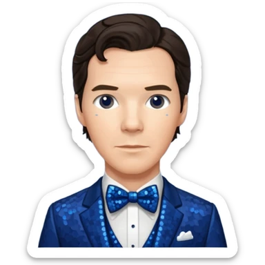 Benedict Cumberbatch with dark brown hair, indigo sequin suit with bow tie sticker