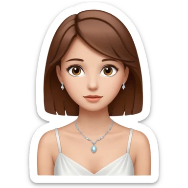 a middle brown hair girl with elegant white dress, wearing necklace, wearing makeup sticker