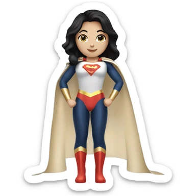 White girl in a superwoman costume and a cape with black hair holding a champagne bottle sticker