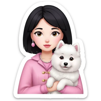 black-haired girl in pink Chanel style outfit with white Samoyed dog sticker