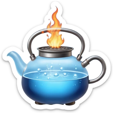  a small pot or kettle filled with water placed on fire, the water is boiling intensely with visible steam and bubbles rising, bright lighting, clean white background sticker